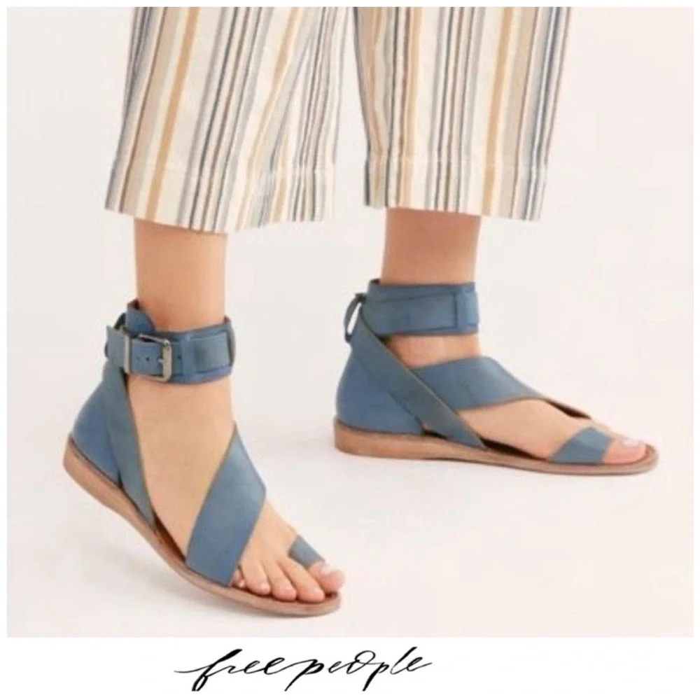 FREE PEOPLE Vale Blue Leather Ankle Buckle Strap Flat Boot Sandals Sz 41 NWOB